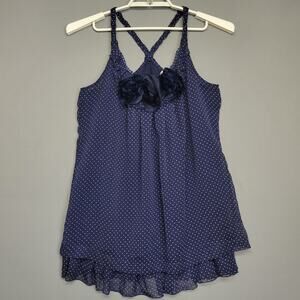 Blue Bird Nighty Womens Large Navy White Polka Dot Sheer Layered Floral Trim